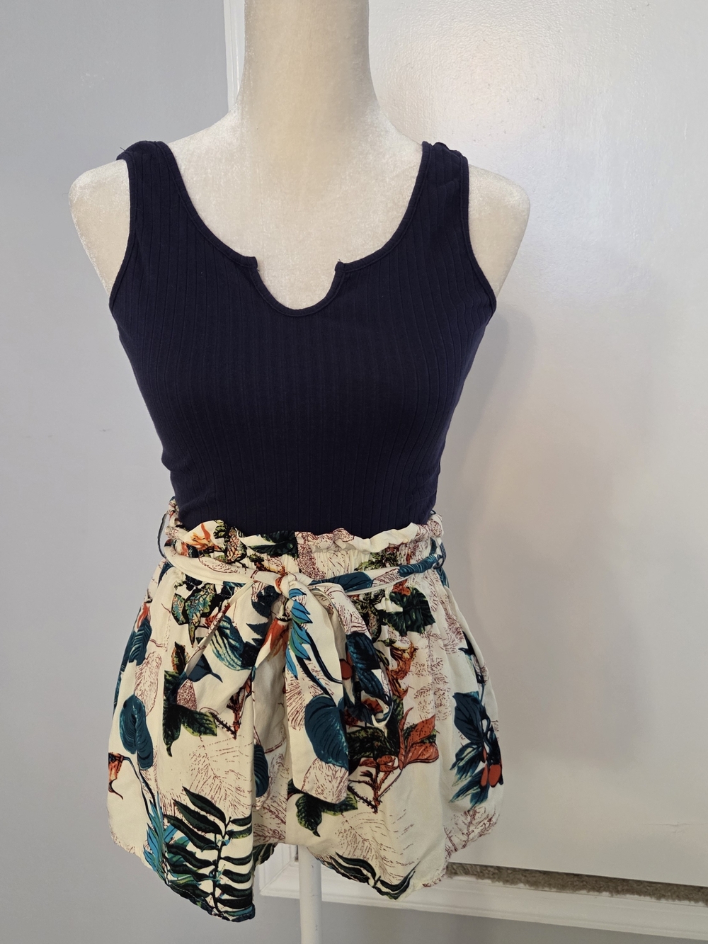 Navy Ribbed Tank Romper with Notch Neckline Floral Bottom
